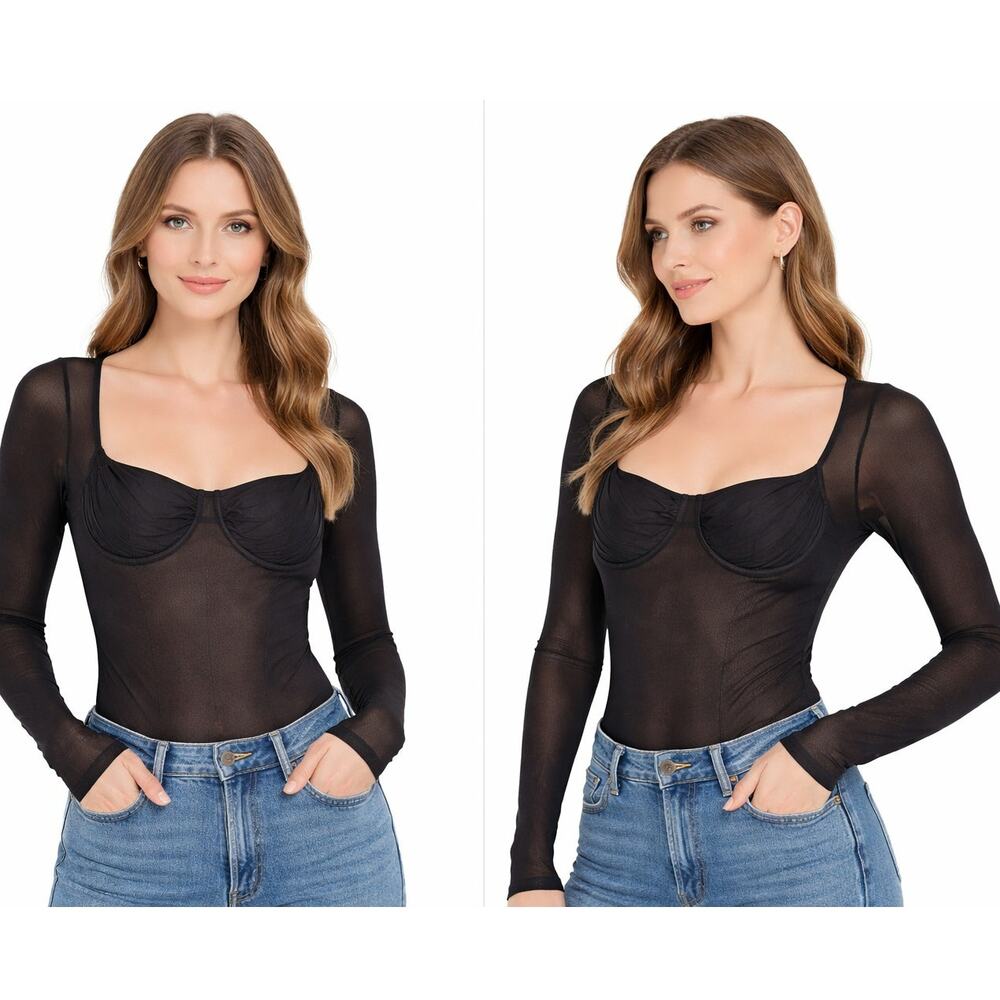 SKIMS Glissenette Sheer Corset Bodysuit Long Sleeve Black Womens XS Edgy Y2K
